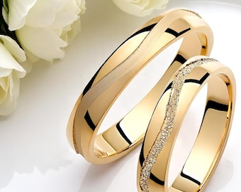 Wavy Wedding Band Set: His & Hers Solid Gold Matching Rings