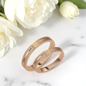 Textured Wedding Bands, Diamond Wedding Rings, Wedding Band Duo, Modern Couple Rings, His and Hers Bands, Minimalist Gold Set