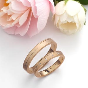 Gold Wedding Band Set, Diamond Band Set, Matte Gold Rings, Minimalist Bands, Wedding Band Pair, Custom Gold Rings, His and Hers Rings