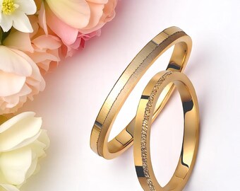 Minimalist 14k Gold Wedding Band Set: Brushed & Textured Matching Rings