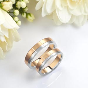Two-Tone Wedding Bands, Diamond Band Set, Custom Gold Rings, 14k Gold Wedding Set, His and Hers Rings, 4.5mm Wedding Rings, Luxury Ring Gift
