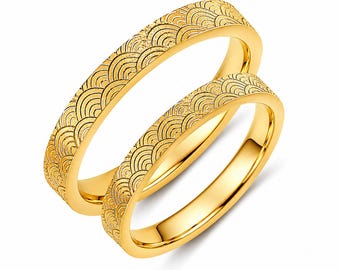 Engraved 18k Gold Wedding Band Set - His & Hers Matching Rings