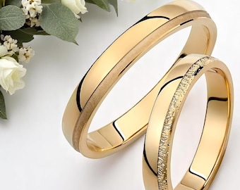 Matching Gold Wedding Band Set: Diamond-Cut & Brushed, His and Hers, 3.5mm