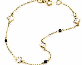 Pulsera de trébol de oro de 14 quilates: nácar y ónix, joyería de la suerte