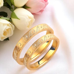 3mm Wedding Bands, Sea Waves Solid Gold Ring, Wedding Band Pair, Custom Gold Rings, 14k Gold Wedding Set, His and Hers Rings