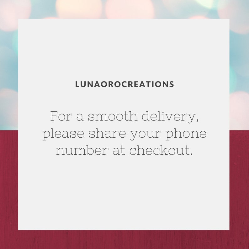 May include: A square graphic with a white background and a dark red bottom border. The text LUNAOROCREATIONS appears at the top, followed by the message: For a smooth delivery, please share your phone number at checkout. The design is simple and clear.