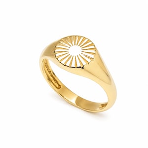 14k Solid Gold Sun Signet Ring: Dainty Sunshine Ring