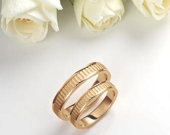 Grooved 14k Gold Wedding Band Set: Minimalist Couple Rings