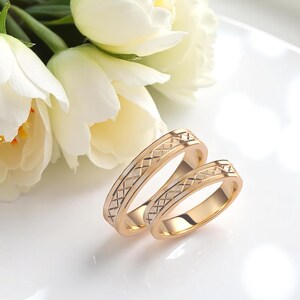 Ribbed 14k Gold Wedding Band Set: His & Hers Diamond Pattern Rings