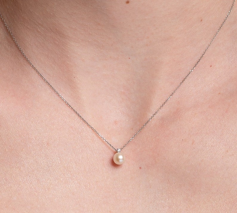 Floating Pearl Diamond Necklace in 14K White Gold for June Etsy