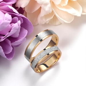 Two-Tone Gold Wedding Band Set: 5mm His & Hers Matching Rings, Engraved Option