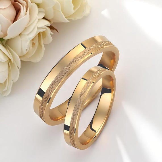 Braided 18K Gold Wedding Band Set: Matching Promise Rings  display picture 1