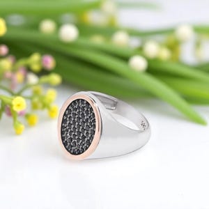 Two Tone Signet Ring,  Black CZ Ring, 14K Gold CZ Ring, Oval Gold Signet Ring, 14k Gold Signet Ring, Luxury Gold Signet, White Gold Signet