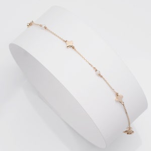 Four Leaf Clover and Pearl Station Bracelet in 14K Gold, Solid 14K Gold Bracelet, Wedding Gift, Mother&#39;s Day Jewelry