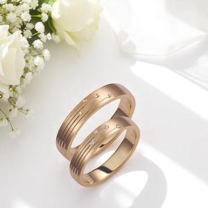 Gold Wedding Band Set, Diamond Band Set, Matte Gold Rings, Minimalist Bands, Wedding Band Pair, Custom Gold Rings, His and Hers Rings