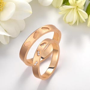 Gold Wedding Band Set, Diamond Band Set, Matte Gold Rings, Minimalist Bands, Wedding Band Pair, Custom Gold Rings, His and Hers Rings