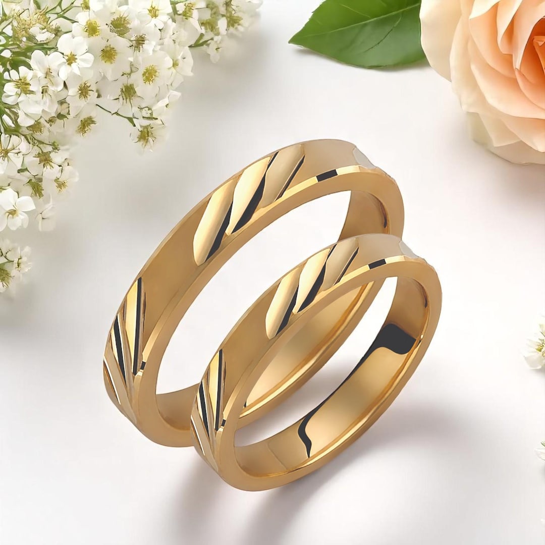 Engraved Gold Wedding Band Set: Matching 9k-18k Gold Rings