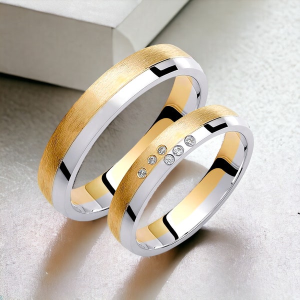 Two-tone Wedding Band, 4mm Wedding Bands Set, Diamond Matching Rings, Engrave Band Ring, Wedding Ring Set, His and Hers Rings
