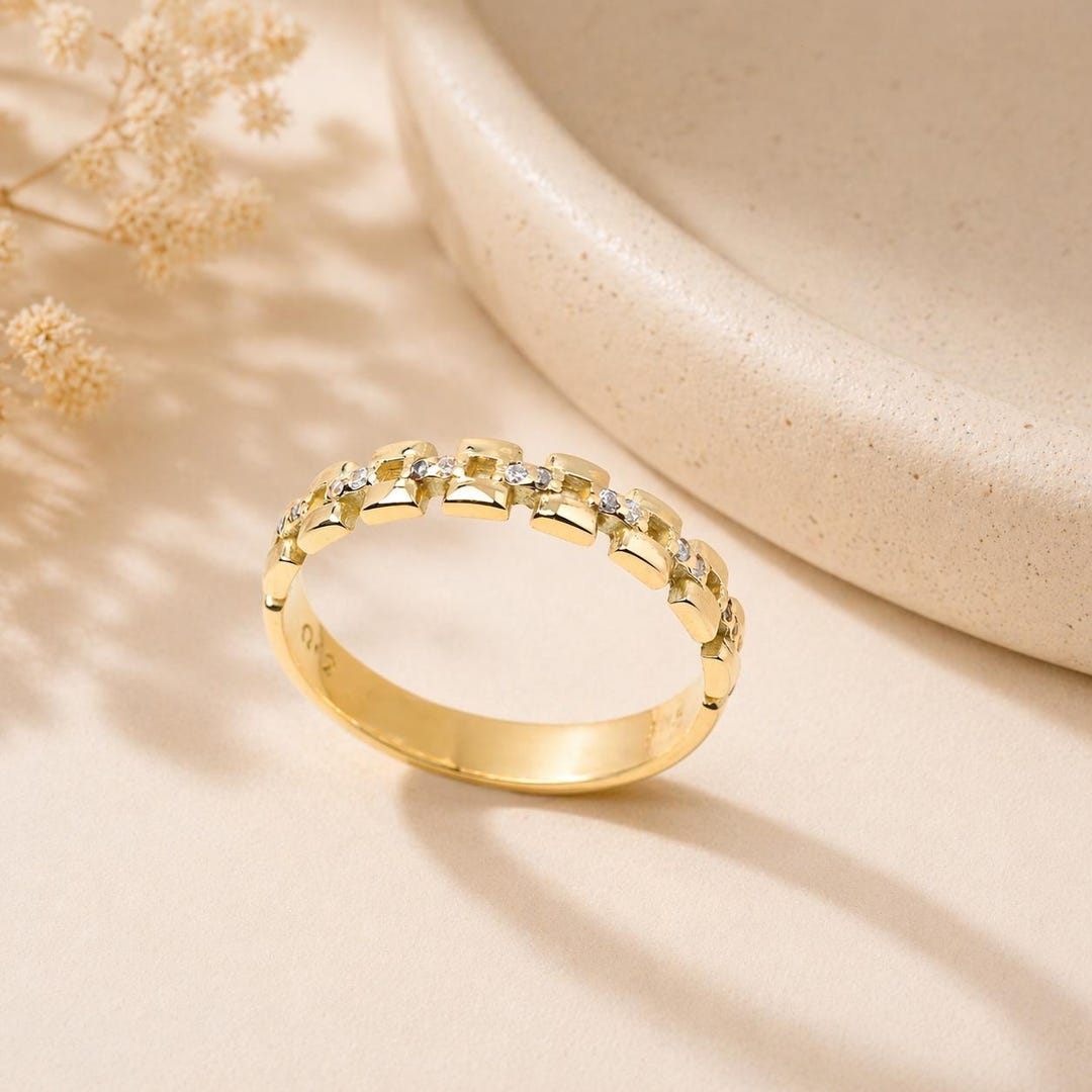 14K Gold Chain Link Ring: Handmade Cubic Zirconia Stacking Ring - Etsy