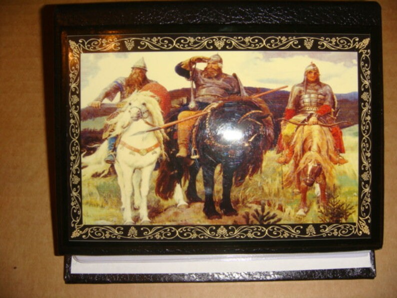 vtg Russian Palekh laquer photo album Three bogatirya new c 1980