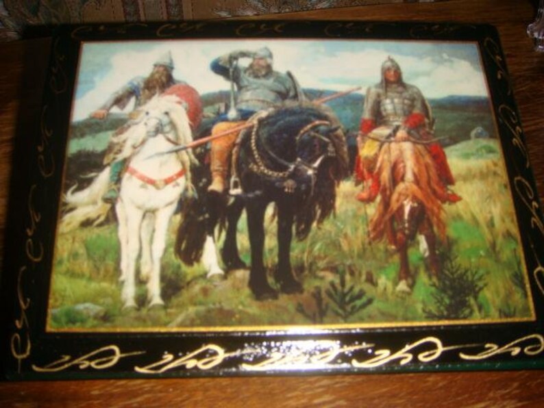 vtg Russian Palekh laquer photo album Three bogatirya new c 1980
