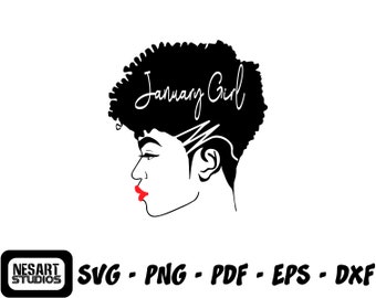 Puede incluir: Silueta en blanco y negro de una mujer con un peinado afro. El texto "January Girl" está escrito en su cabello.