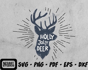 Holly Jolly Deer Svg, Cabeça de Veado Svg, Arquivo de Corte de Veado, Veado Svg, Arquivos de Corte de Silhueta de Veado, Monograma de Veado, Camiseta de Veado, Dxf, Cabeça de Veado