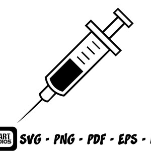 May include: A black and white line drawing of a syringe with a needle. The syringe is filled with a liquid and has a plunger.