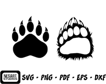 May include: Two black bear paw prints, one with a solid black fill and the other with a white fill and a black outline. The paw print with the white fill has a fuzzy texture around the edges.