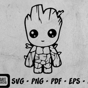 Könnte beinhalten: Schwarz-weiß-Linienzeichnung eines Comic-Charakters mit einem baumartigen Körper und großen Augen. Der Charakter ist bekannt als Groot aus der Guardians of the Galaxy-Filmreihe.