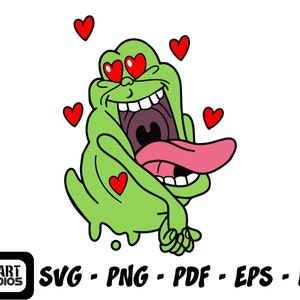 Puede incluir: Un fantasma verde de dibujos animados con una gran sonrisa y ojos en forma de corazón. El fantasma está rodeado de corazones rojos.