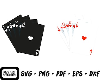 May include: Two sets of playing cards, one black and one white, with the ace, king, queen, jack, and ten of hearts displayed. The cards are arranged in a fan shape.