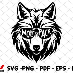 Puede incluir: Silueta en blanco y negro de un lobo con gafas de sol con el texto "Wolf Pack" en las lentes.