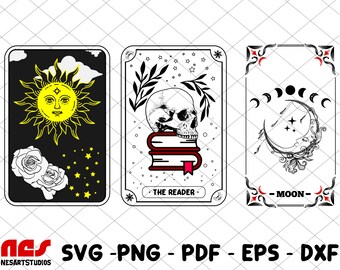 May include: Three tarot cards with black backgrounds and white outlines. The first card features a yellow sun with a face, the second card features a skull with a stack of books, and the third card features a crescent moon with stars. The text on the cards reads "The Reader" and "Moon".