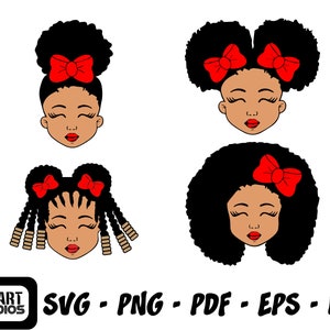 May include: Four illustrations of Black girls' faces with closed eyes and red lipstick. Each girl has a different hairstyle: a high bun, two space buns, braids with beads, and a large afro. Each hairstyle is adorned with a red bow. The image includes the text "SVG - PNG - PDF - EPS - DXF".