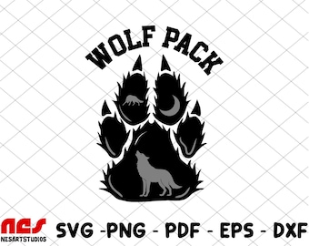 Wolf Pack Paw Print SVG, Wolf Head Silhouette (Digital Files)