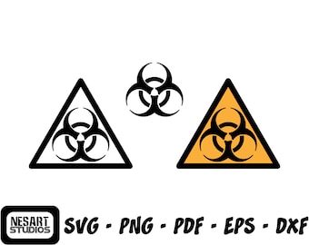 May include: Two biohazard warning signs, one with a black triangle and white background, the other with a yellow triangle and orange background. Both signs feature a black biohazard symbol.