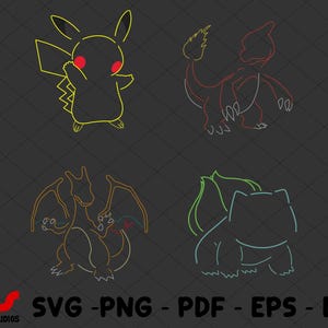 May include: Four line art illustrations of Pokemon characters. The characters are Pikachu, Charizard, Dragonite, and Blastoise. The characters are outlined in yellow, red, orange, and blue.