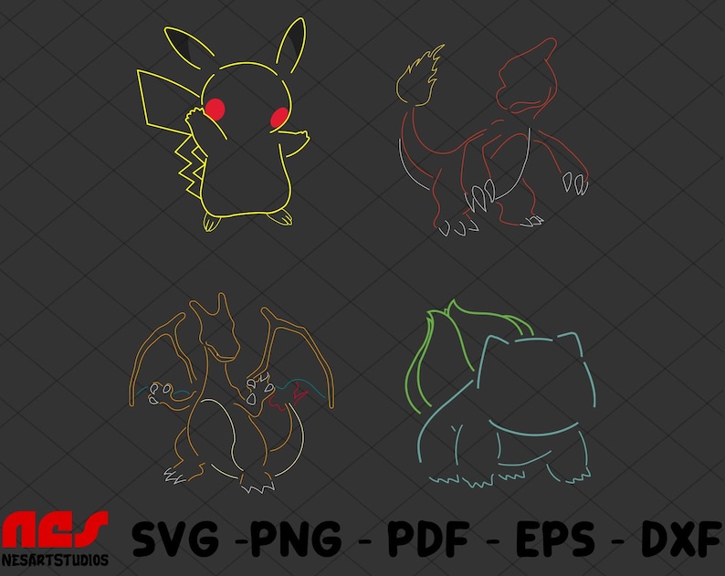 May include: Four line art illustrations of Pokemon characters. The characters are Pikachu, Charizard, Dragonite, and Blastoise. The characters are outlined in yellow, red, orange, and blue.