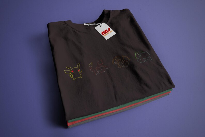 May include: A black t-shirt featuring a graphic of Pokemon characters, including Pikachu, Charmander, Bulbasaur, and Squirtle. The shirt has a white tag with the text "n.s.s. streetwear" on it.