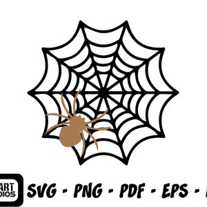 May include: Black and white silhouette of a spider web with a brown spider in the center.  SVG - PNG - PDF - EPS - DXF