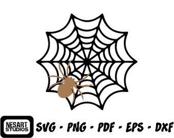 May include: Black and white silhouette of a spider web with a brown spider in the center.  SVG - PNG - PDF - EPS - DXF