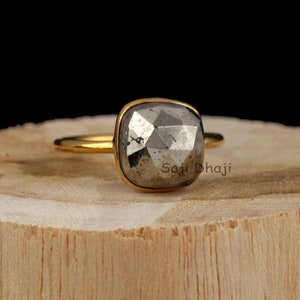 Natürlicher Narren Goldener Pyrit, 925 Sterling Silber Ring, Kissen Form, Unisex Modischer handgefertigter Ring, dedizierter Ring, zierlicher Unisex Ring