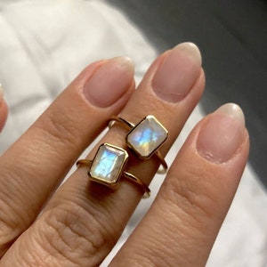 Natural Rainbow Moonstone Ring,Emerald Cut Gemstone Ring,925-Sterling Silver Ring,Boho Ring,Middle Finger Ring, gold Polished