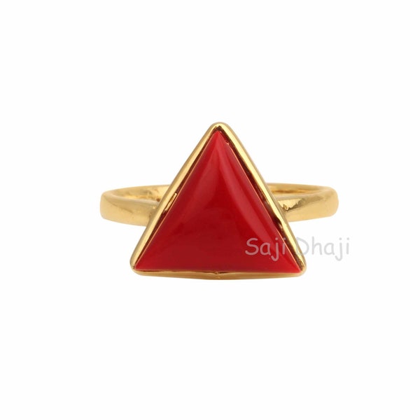 Red Coral Gemstone Ring, 925 Sterling Silver Gold Plated Ring, 12mm Triangle Shape Smooth Cabochon Stone Ring, Trendy Ring Gift For Her