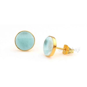 Larimar Round Silver Stud Earrings, Gold Plated 925 Sterling Silver Stud Earrings, Gemstone Stud Earrings, Round Stud Earrings Best Quality