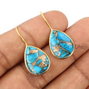 Blue Mohave, Oyster Copper Turquoise Earrings, Pear Shape Earring, 925 Sterling Silver, Gold Plated Bezel, Dangle Earring, Gifts For Her