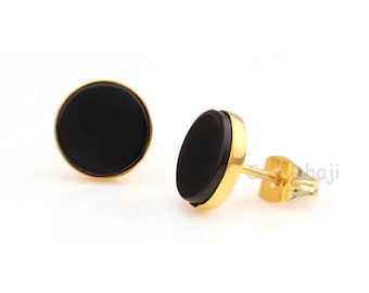 Pendientes de piedra preciosa black Onyx Stud, 925 pendientes chapados en oro de plata de ley, pendientes planos lisos de forma redonda, pendientes de compromiso para regalo