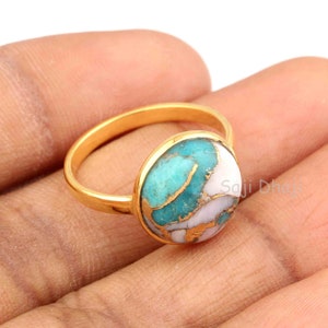 Pink Opal Copper Turquoise Ring, 925 Sterling Silver Gold Plated Ring, 12mm Round Shape Cabochon Gemstone Ring, Stone Jewelry Rings