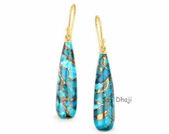 925 Sterling Silver Bleu Cuivre Turquoise Gemstone Drop Boucles d’oreilles en argent, Boucles d’oreilles en pierre précieuse en forme de larme longue, Artisanat, Cadeau pour femmes et filles